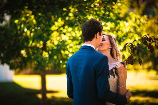 Menyasszony Vőlegény Háttérben Nyári Erdőben — Stock Fotó