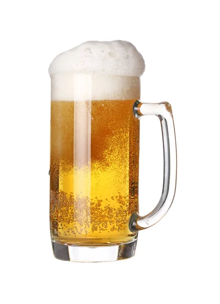 Cierre Una Taza Vidrio Lleno Cerveza Lager Con Espuma Burbujas — Foto de Stock