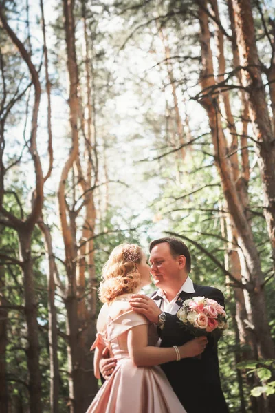 bride and groom on the background of trees and woods in full growth.