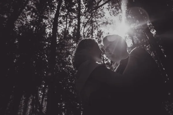 Nero Bianco Foto Sposa Sposo Bacio Sullo Sfondo Alberi Foresta — Foto Stock