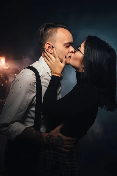 Couple Fashionable Clothes Dark Background Smoke — Stock Photo, Image