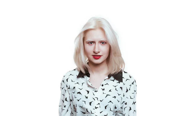 Portrait Blonde Albino Girl Studio White Background — Stock Photo, Image