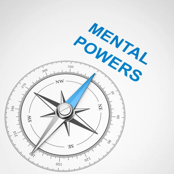 Magnetic Compass Needle Pointing Blue Mental Powers Text White Background — Stok Foto