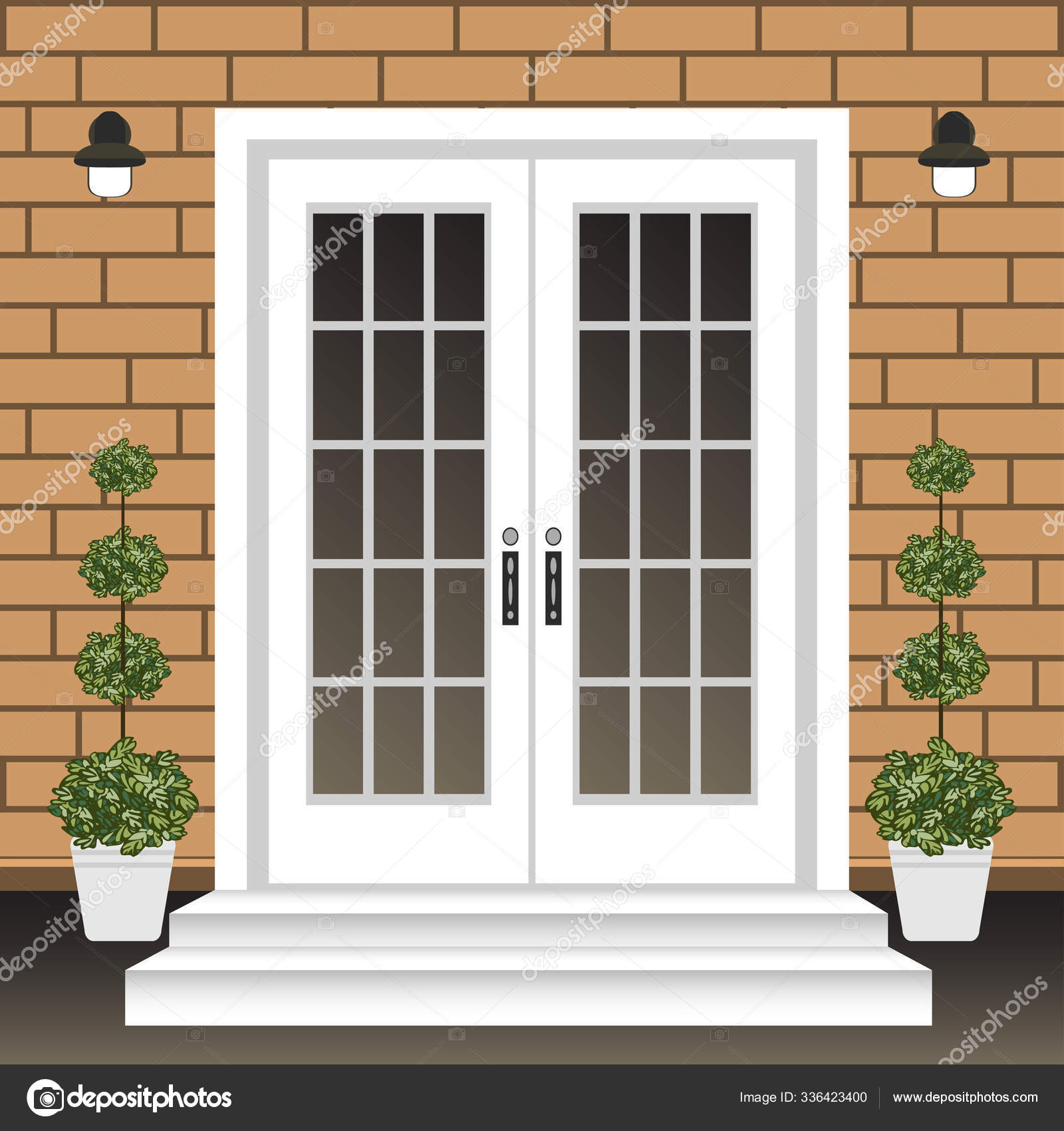 House door front with doorstep and steps, window, - vector clip art