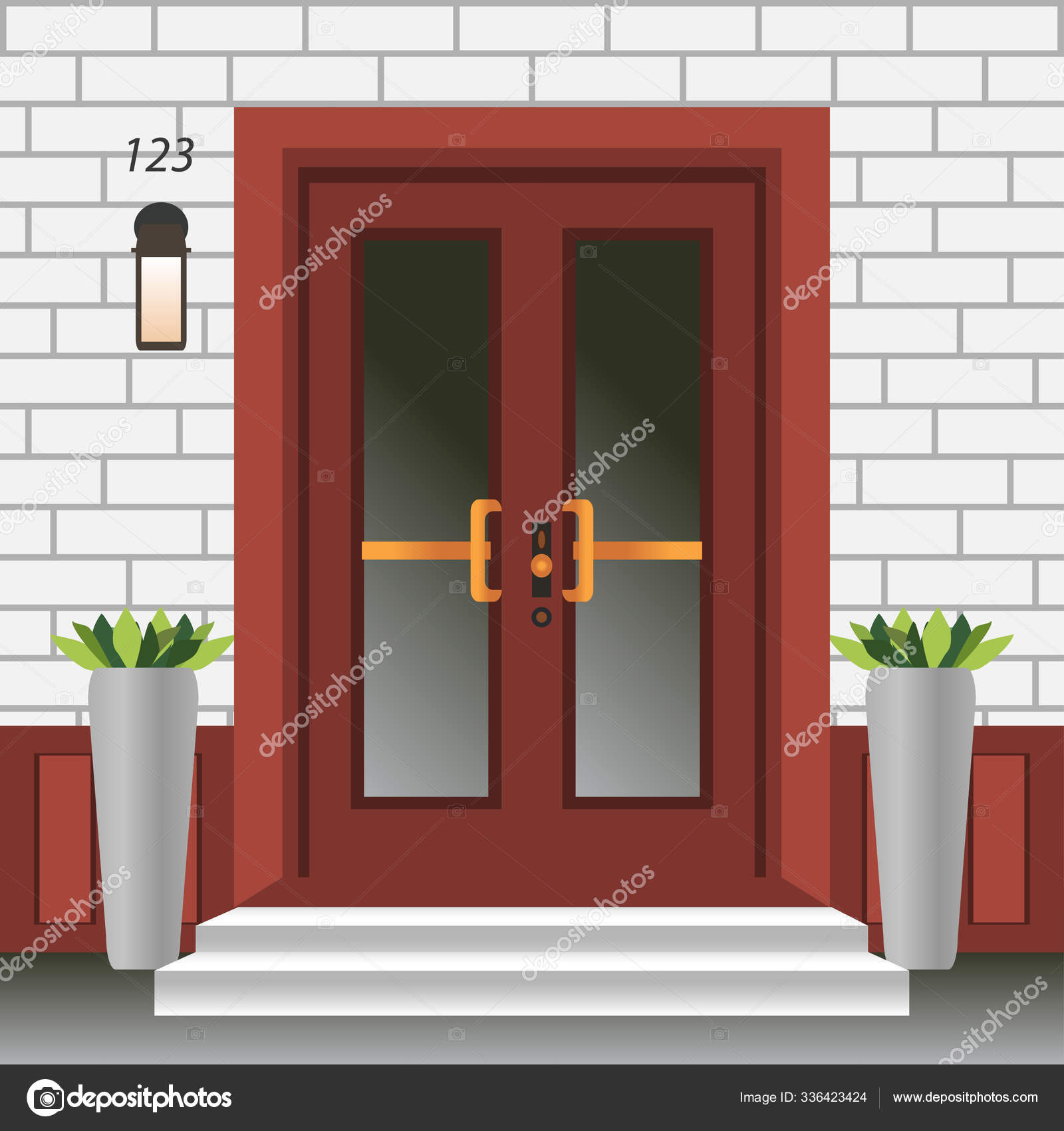 House door front with doorstep and steps, window, - vector clip art