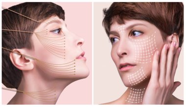 The lifting, skin, plastic surgery concept. Woman face with marks and arrows. Portrait of young caucasian woman at studio isolated on pastel. Short haircut, long neck, perfect skin. Lifting by gold thread concept clipart