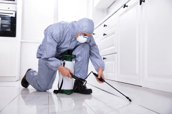 Male Exterminator Wearing Safety Cloths Spraying Pesticide Kitchen — Stock Photo, Image