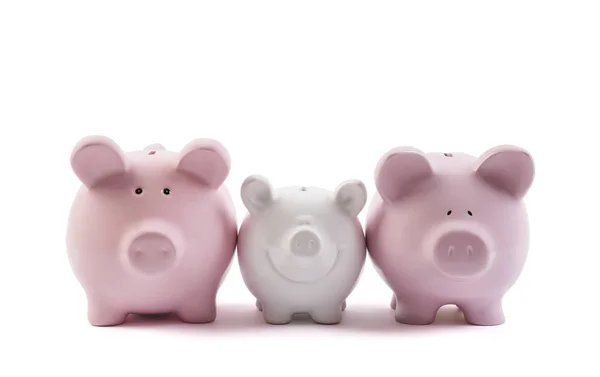 Drie Piggy Banks Witte Achtergrond Met Uitknippad — Stockfoto