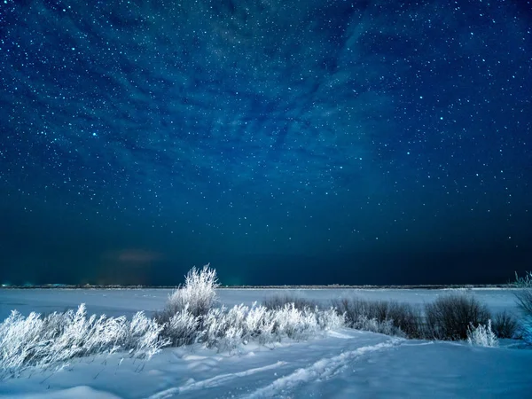 Nieve Campo Cielo Estrellado Invierno Noche Invierno Sin Luna Nevada — Foto de Stock