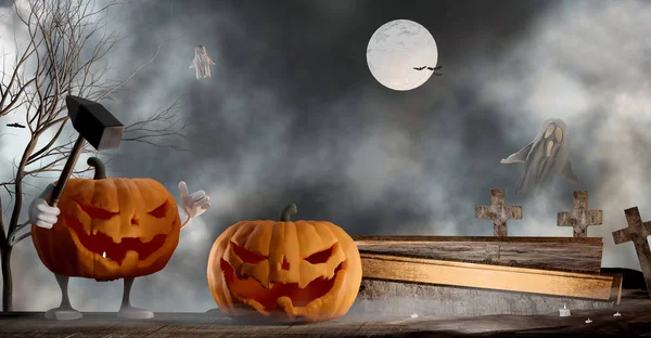 Halloween background funny and evil slain with the hammer. evil intentions Halloween pumpkin 3d-illustration