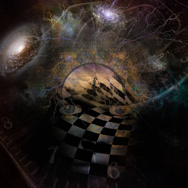 Surrealism Face Chessboard Pattern Deep Space Figure Man Road Heaven — Stock Photo, Image