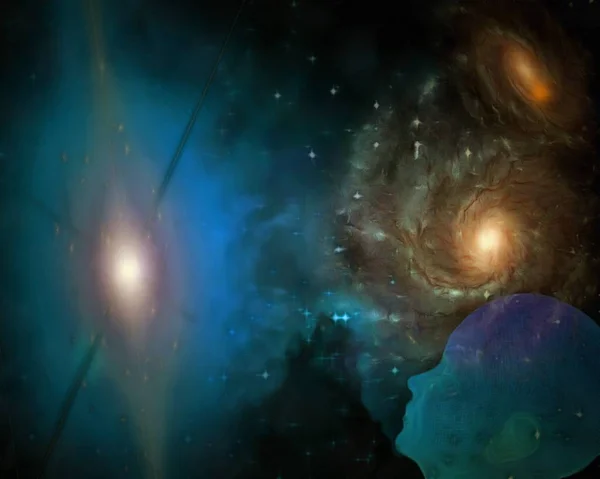 Pintura Surrealista Galaxias Brillantes Silueta Humana Está Soñando — Foto de Stock