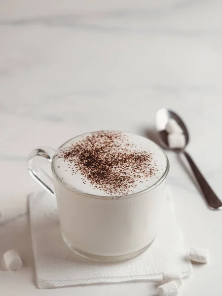 Babyccino Geschlagene Milch Oder Sahne Mit Kakao Oder Zimtpulver Und — Stockfoto