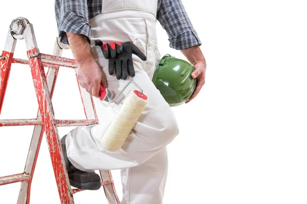 Husmålare Arbetare Stegen Med Vitt Arbete Overaller Håller Rullen Att — Stockfoto