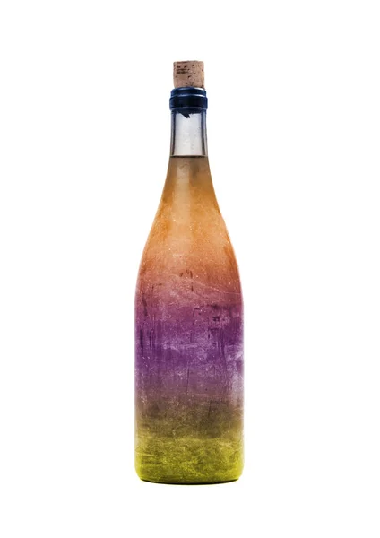 Vieja Botella Líquido Colorido Cubierta Polvo Aislada Blanco —  Fotos de Stock