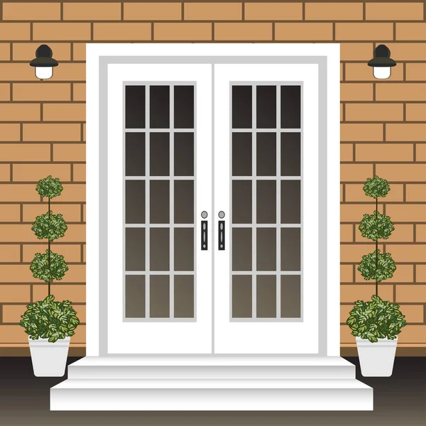 La puerta delantera de la casa con puerta y ventana, alfombrilla, lámparas,  flores, la construcción de la fachada de entrada, entrada exterior diseño  ilustración vector en estilo plano Imagen Vector de stock 