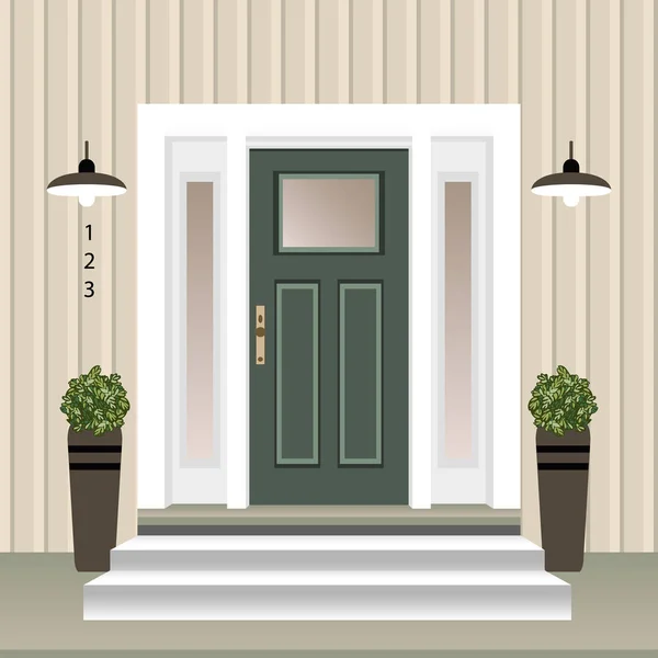 Входная Дверь Дома Дверью Ступенями Крыльцо Окно Лампа Цветы Горшке — стоковое фото