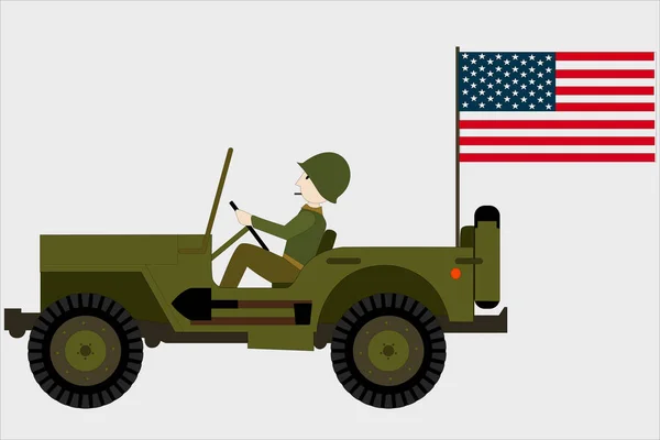 Bir Asker Bir Amerikan Bayrağı Ile Amilitary Jeep — Stok fotoğraf