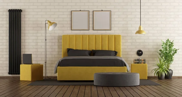 Dormitorio Principal Negro Amarillo Con Cama Doble Contra Pared Ladrillo — Foto de Stock