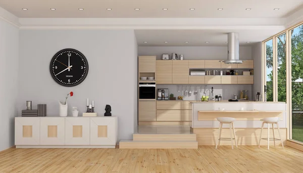 Moderne Houten Keuken Met Eiland Dressoir Grote Ramen Rendering — Stockfoto