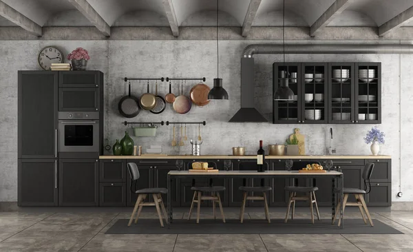 Retro Black Dapur Grunge Interior Dengan Meja Makan Rendering — Stok Foto