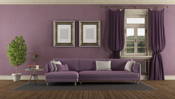 Purple retro living room with elegant sofa - 3d rendering