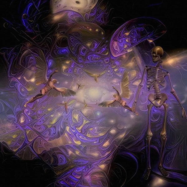 鮮やかな紫色の精神的な抽象画 シュールレアリズム 人間の骨格 翼を持つ人は天使を表す 重層的な空間 — ストック写真