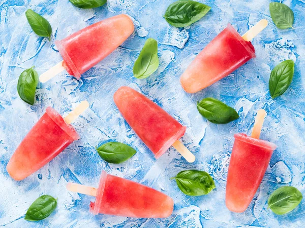 Top View Watermelon Basil Popsicles Blue Background Fresh Green Basil — Stock Photo, Image