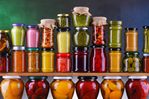 Jars Variety Pickled Vegetables Fruits Preserved Food — Stock Photo, Image
