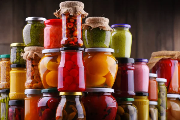 Jars Variety Pickled Vegetables Fruits Preserved Food — Stock Photo, Image