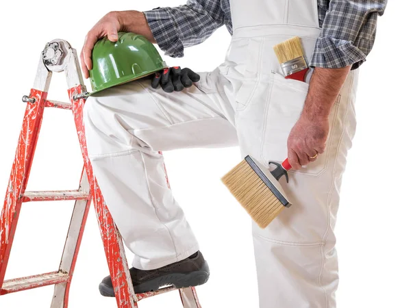 Casa Pintor Trabalhador Escada Com Macacões Trabalho Branco Detém Pincel — Fotografia de Stock