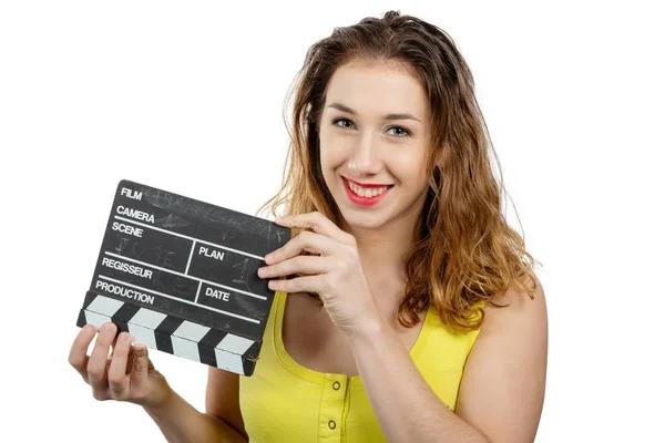 Eine Junge Frau Gelb Mit Einem Filmklöppel Auf Weiß — Stockfoto