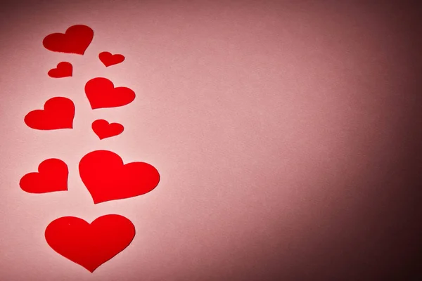Piros Dekoratív Szív Rózsaszín Háttérrel Másolási Hellyel Első Látásra Valentin — Stock Fotó