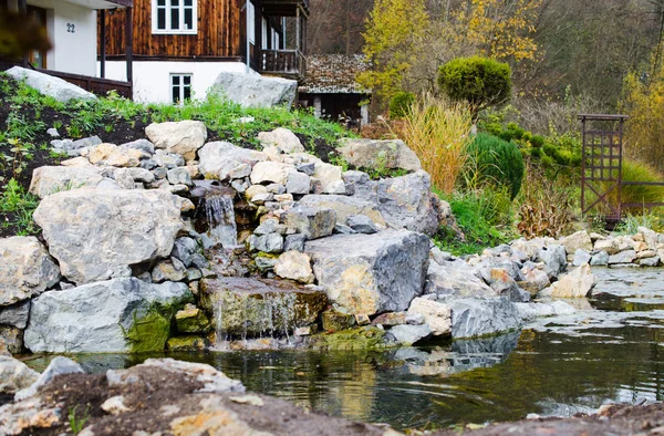 Mountain Stream Landscape Design Beautiful House Cottage Hill Autumn Time — Stock Photo, Image
