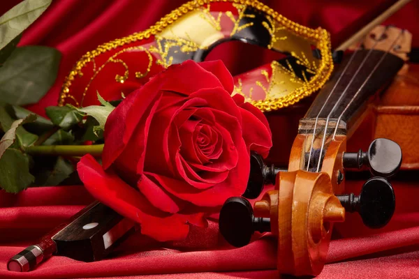 Violino Violino Maschera Teatrale Rosa Rossa Sdraiati Sul Perfetto Tessuto — Foto Stock