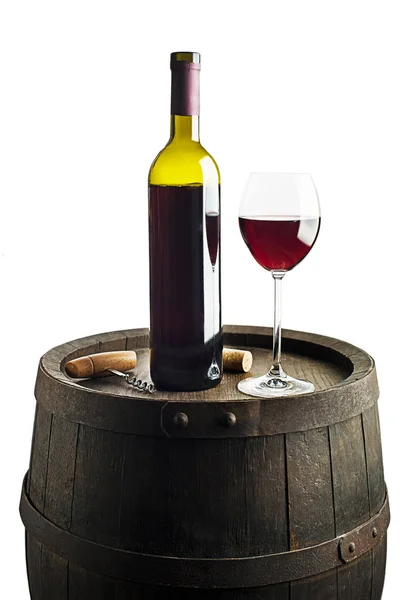 Glass Bottle Red Wine Wooden Barrel Background — Stock Photo, Image