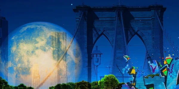 Arte Digital Surrealista Puente Brooklyn Paisaje Urbano Nueva York Luna — Foto de Stock