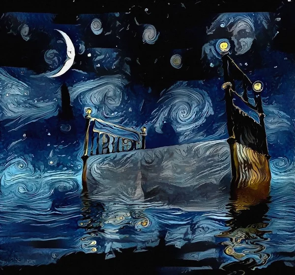 Surrealistisk Målning Säng Utanför Stjärnorna — Stockfoto