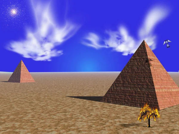 Duchové Nad Egyptskými Pyramidami Hořící Strom — Stock fotografie