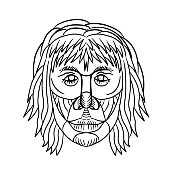 画素描样式描绘一个同面体的面孔 最早的成员之一 属或早期的原始人从前面看在孤立的白色背景在黑色和白色 — 图库照片