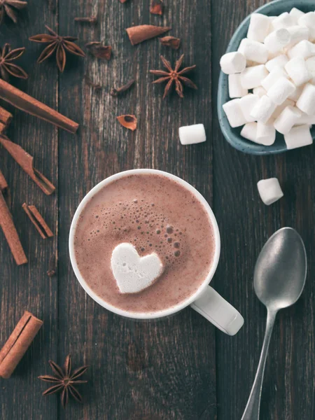 Chocolate Caliente Con Malvavisco Forma Corazón Concepto San Valentín Copiar —  Fotos de Stock