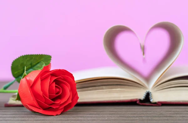 Páginas Livro Curvo Forma Coração Rosa Vermelha Conceito Amor Forma — Fotografia de Stock