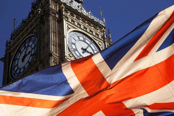 Brexit Koncepcja Podwójnej Ekspozycji Flagi Pałac Westminster Big Bena — Zdjęcie stockowe