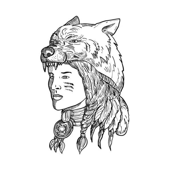 Dessin Une Femme Amérindienne Portant Une Coiffure Loup Couvre Chef — Photo