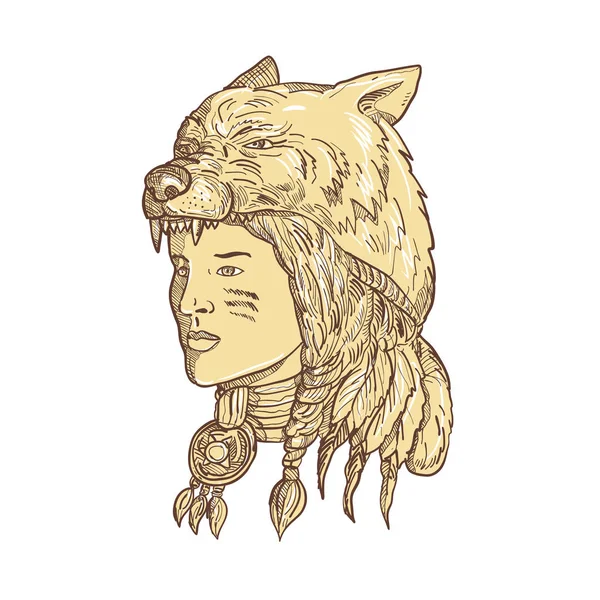 Kreslení Náčrtu Stylu Obrázku Indiánské Ženy Nosit Čelenku Vlk Pokrývky — Stock fotografie