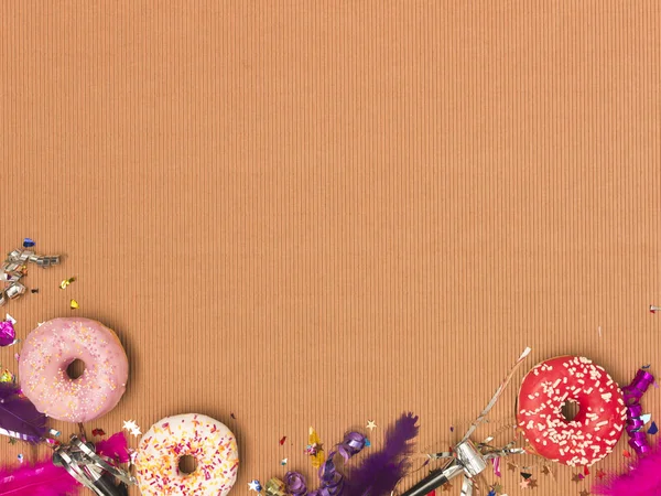 Kleurrijke Bruine Carnaval Achtergrond Met Donuts Andere Grappige Items — Stockfoto