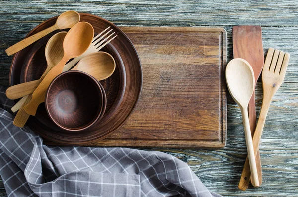 Menaje Cocina Rústico Simple Platos Cerámica Cubiertos Madera Bambú Tabla — Foto de Stock