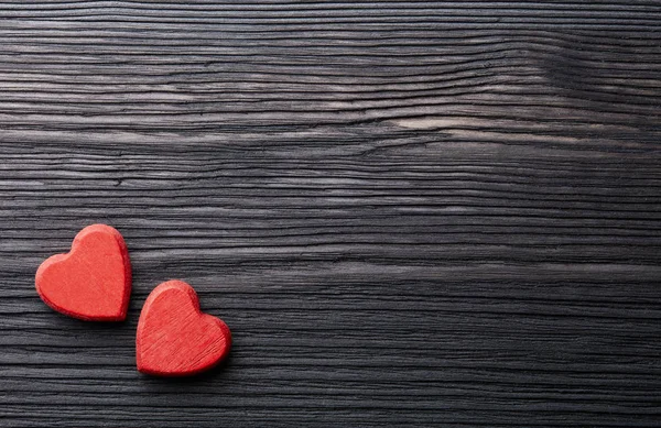 Dos Corazones Decorativos Sobre Fondo Madera Oscura Con Espacio Para — Foto de Stock