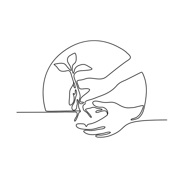 Continuous Line Illustration Hand Planting Tree Seedling Set Circle Shape — Stock Photo, Image