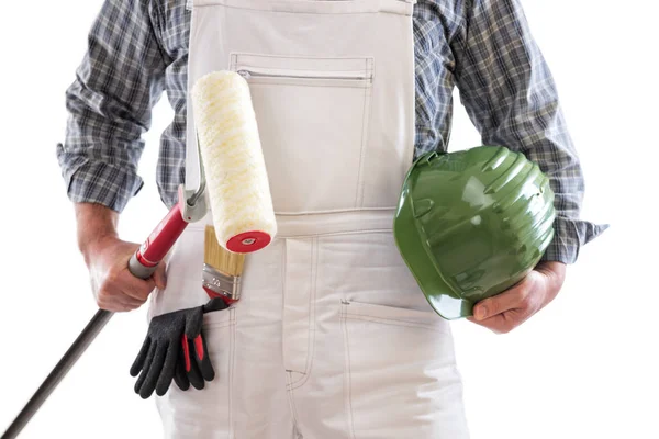Casa Pintor Trabalhador Com Macacão Trabalho Branco Segura Sua Mão — Fotografia de Stock